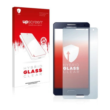 Parte frontal de un envase de producto con el logotipo de la marca upscreen. Al lado se muestra el dispositivo Samsung Galaxy 