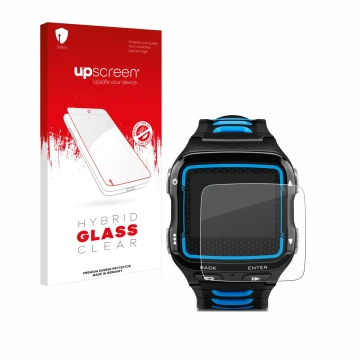 Parte frontal de un envase de producto con el logotipo de la marca upscreen. Al lado se muestra el dispositivo Garmin Forerunn