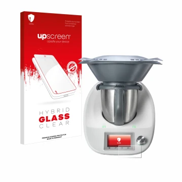 Parte frontal de un envase de producto con el logotipo de la marca upscreen. Al lado se muestra el dispositivo Vorwerk Thermom