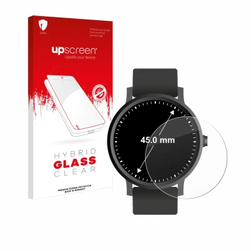 Parte frontal de un envase de producto con el logotipo de la marca upscreen. Al lado se muestra el dispositivo Relojes (Circul