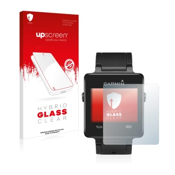 Parte frontal de un envase de producto con el logotipo de la marca upscreen. Al lado se muestra el dispositivo Garmin vivoacti