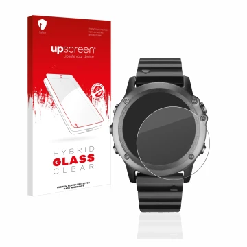 Parte frontal de un envase de producto con el logotipo de la marca upscreen. Al lado se muestra el dispositivo Garmin Fenix 3 