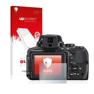 Parte frontal de un envase de producto con el logotipo de la marca upscreen. Al lado se muestra el dispositivo Nikon Coolpix P