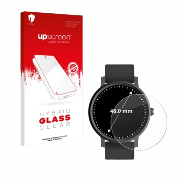 Parte frontal de un envase de producto con el logotipo de la marca upscreen. Al lado se muestra el dispositivo Relojes (Circul