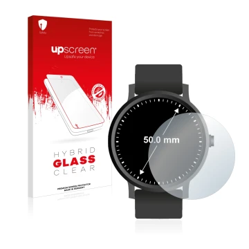 Parte frontal de un envase de producto con el logotipo de la marca upscreen. Al lado se muestra el dispositivo Relojes (Circul