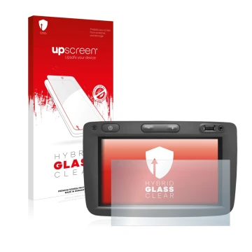 Parte frontal de un envase de producto con el logotipo de la marca upscreen. Al lado se muestra el dispositivo Dacia Media Nav