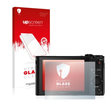 Parte frontal de un envase de producto con el logotipo de la marca upscreen. Al lado se muestra el dispositivo Sony Cyber-Shot