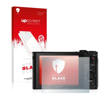 Parte frontal de un envase de producto con el logotipo de la marca upscreen. Al lado se muestra el dispositivo Sony Cyber-Shot