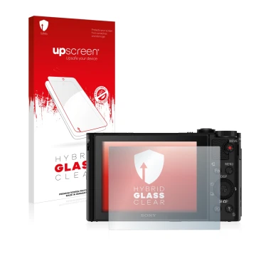 Parte frontal de un envase de producto con el logotipo de la marca upscreen. Al lado se muestra el dispositivo Sony Cyber-Shot