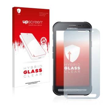Parte frontal de un envase de producto con el logotipo de la marca upscreen. Al lado se muestra el dispositivo Samsung Galaxy 