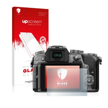 Parte frontal de un envase de producto con el logotipo de la marca upscreen. Al lado se muestra el dispositivo Panasonic Lumix