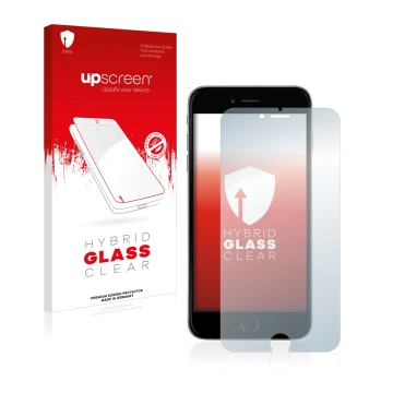 Parte frontal de un envase de producto con el logotipo de la marca upscreen. Al lado se muestra el dispositivo Apple iPhone 6S