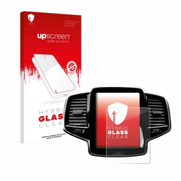 Parte frontal de un envase de producto con el logotipo de la marca upscreen. Al lado se muestra el dispositivo Volvo XC90 Senu