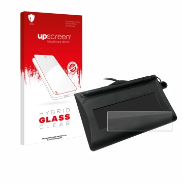 Parte frontal de un envase de producto con el logotipo de la marca upscreen. Al lado se muestra el dispositivo Topaz T-LBK460-
