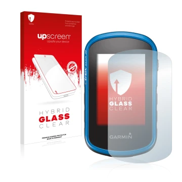 Parte frontal de un envase de producto con el logotipo de la marca upscreen. Al lado se muestra el dispositivo Garmin eTrex To