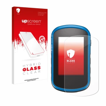 Parte frontal de un envase de producto con el logotipo de la marca upscreen. Al lado se muestra el dispositivo Garmin eTrex To