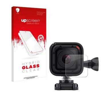 Parte frontal de un envase de producto con el logotipo de la marca upscreen. Al lado se muestra el dispositivo GoPro Hero 4 Se