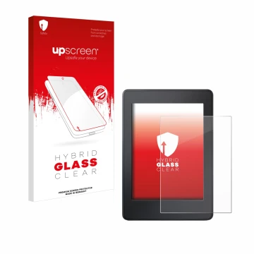 Parte frontal de un envase de producto con el logotipo de la marca upscreen. Al lado se muestra el dispositivo Amazon Kindle P
