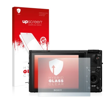 Parte frontal de un envase de producto con el logotipo de la marca upscreen. Al lado se muestra el dispositivo Sony Cyber-Shot