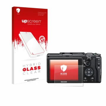 Parte frontal de un envase de producto con el logotipo de la marca upscreen. Al lado se muestra el dispositivo Ricoh GR II 201