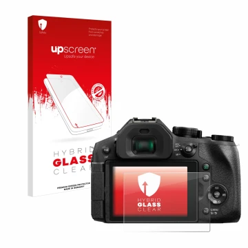 Parte frontal de un envase de producto con el logotipo de la marca upscreen. Al lado se muestra el dispositivo Panasonic Lumix