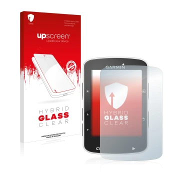 Parte frontal de un envase de producto con el logotipo de la marca upscreen. Al lado se muestra el dispositivo Garmin Edge 520