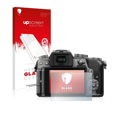 Parte frontal de un envase de producto con el logotipo de la marca upscreen. Al lado se muestra el dispositivo Panasonic Lumix