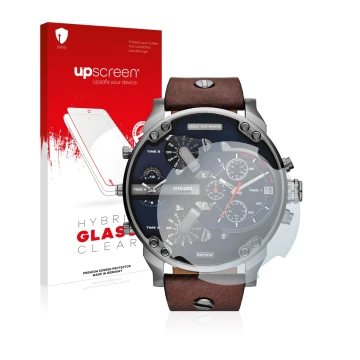 Parte frontal de un envase de producto con el logotipo de la marca upscreen. Al lado se muestra el dispositivo Diesel DZ7314 M