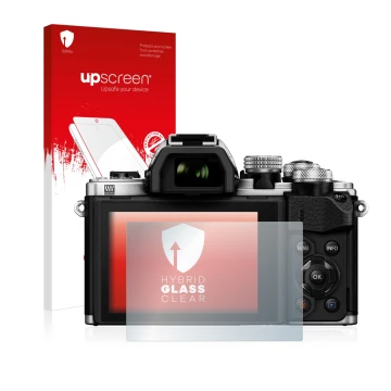 Parte frontal de un envase de producto con el logotipo de la marca upscreen. Al lado se muestra el dispositivo Olympus OM-D E-