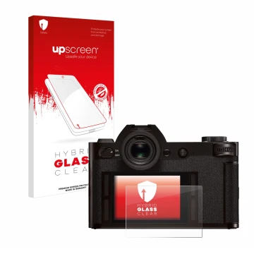 Parte frontal de un envase de producto con el logotipo de la marca upscreen. Al lado se muestra el dispositivo Leica SL (Typ 6