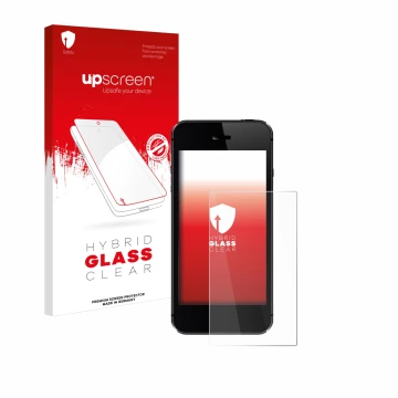 Parte frontal de un envase de producto con el logotipo de la marca upscreen. Al lado se muestra el dispositivo con su protecto