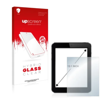 Parte frontal de un envase de producto con el logotipo de la marca upscreen. Al lado se muestra el dispositivo con su protecto