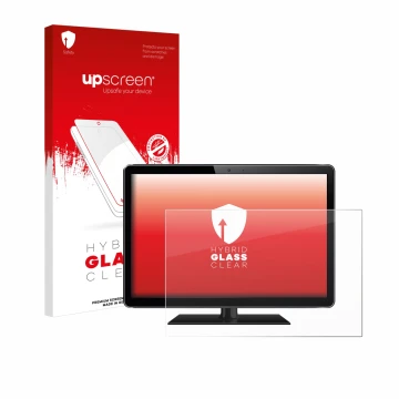 Parte frontal de un envase de producto con el logotipo de la marca upscreen. Al lado se muestra el dispositivo con su protecto