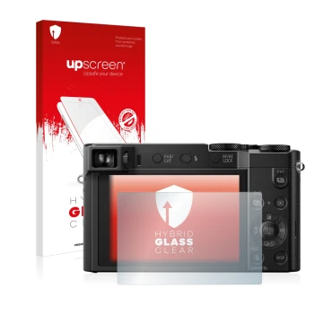 Parte frontal de un envase de producto con el logotipo de la marca upscreen. Al lado se muestra el dispositivo Panasonic Lumix