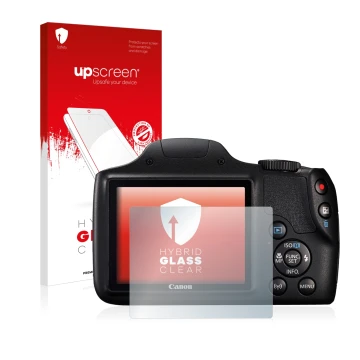 Parte frontal de un envase de producto con el logotipo de la marca upscreen. Al lado se muestra el dispositivo Canon PowerShot