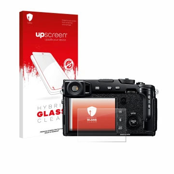 Parte frontal de un envase de producto con el logotipo de la marca upscreen. Al lado se muestra el dispositivo Fujifilm X-Pro2