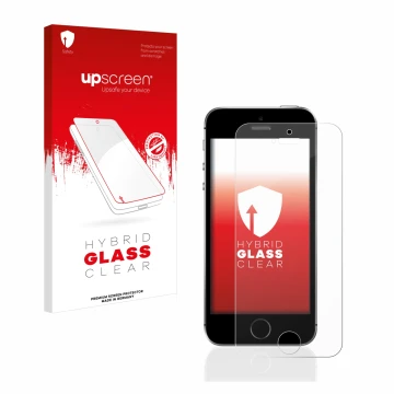 Parte frontal de un envase de producto con el logotipo de la marca upscreen. Al lado se muestra el dispositivo Apple iPhone SE