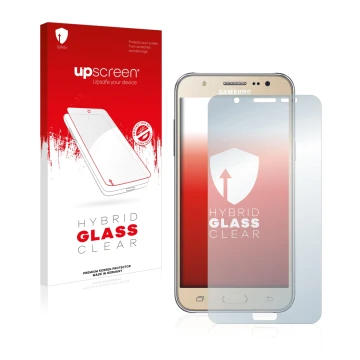 Parte frontal de un envase de producto con el logotipo de la marca upscreen. Al lado se muestra el dispositivo Samsung Galaxy 