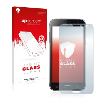 Parte frontal de un envase de producto con el logotipo de la marca upscreen. Al lado se muestra el dispositivo Samsung Galaxy 
