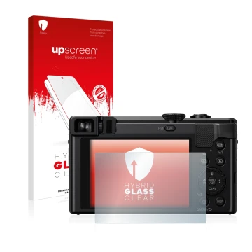 Parte frontal de un envase de producto con el logotipo de la marca upscreen. Al lado se muestra el dispositivo Panasonic Lumix