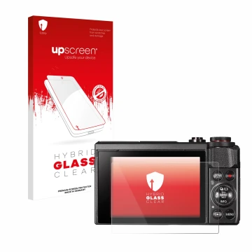 Parte frontal de un envase de producto con el logotipo de la marca upscreen. Al lado se muestra el dispositivo Canon PowerShot