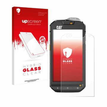 Parte frontal de un envase de producto con el logotipo de la marca upscreen. Al lado se muestra el dispositivo Caterpillar Cat