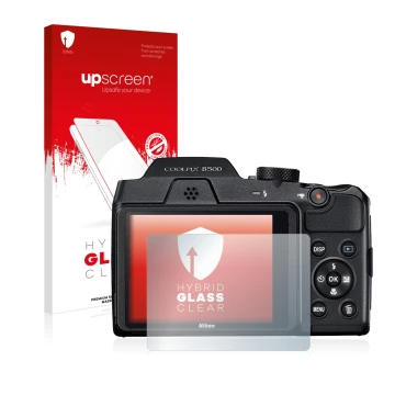 Parte frontal de un envase de producto con el logotipo de la marca upscreen. Al lado se muestra el dispositivo Nikon Coolpix B