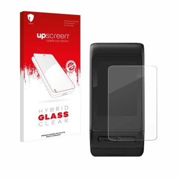 Parte frontal de un envase de producto con el logotipo de la marca upscreen. Al lado se muestra el dispositivo Garmin vivoacti