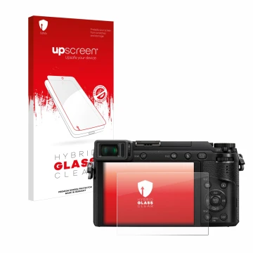 Parte frontal de un envase de producto con el logotipo de la marca upscreen. Al lado se muestra el dispositivo Panasonic Lumix