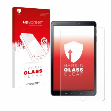 Parte frontal de un envase de producto con el logotipo de la marca upscreen. Al lado se muestra el dispositivo Samsung Galaxy 