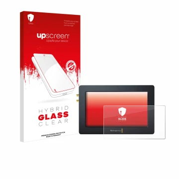 Parte frontal de un envase de producto con el logotipo de la marca upscreen. Al lado se muestra el dispositivo Blackmagic Desi