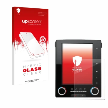 Parte frontal de un envase de producto con el logotipo de la marca upscreen. Al lado se muestra el dispositivo Renault Megane 