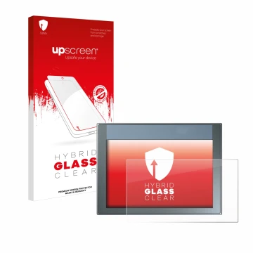 Parte frontal de un envase de producto con el logotipo de la marca upscreen. Al lado se muestra el dispositivo Siemens Simatic