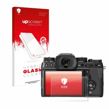 Parte frontal de un envase de producto con el logotipo de la marca upscreen. Al lado se muestra el dispositivo Fujifilm X-T2 c